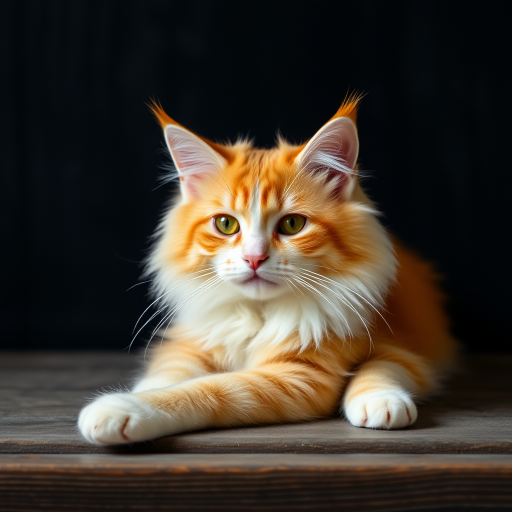 A fluffy orange and white cat lying on a wooden surface with a dark textured background, captured with a Canon EOS 5D Mark IV, 50mm lens, aperture f/1.8, ISO 200, natural light, shallow depth of field.