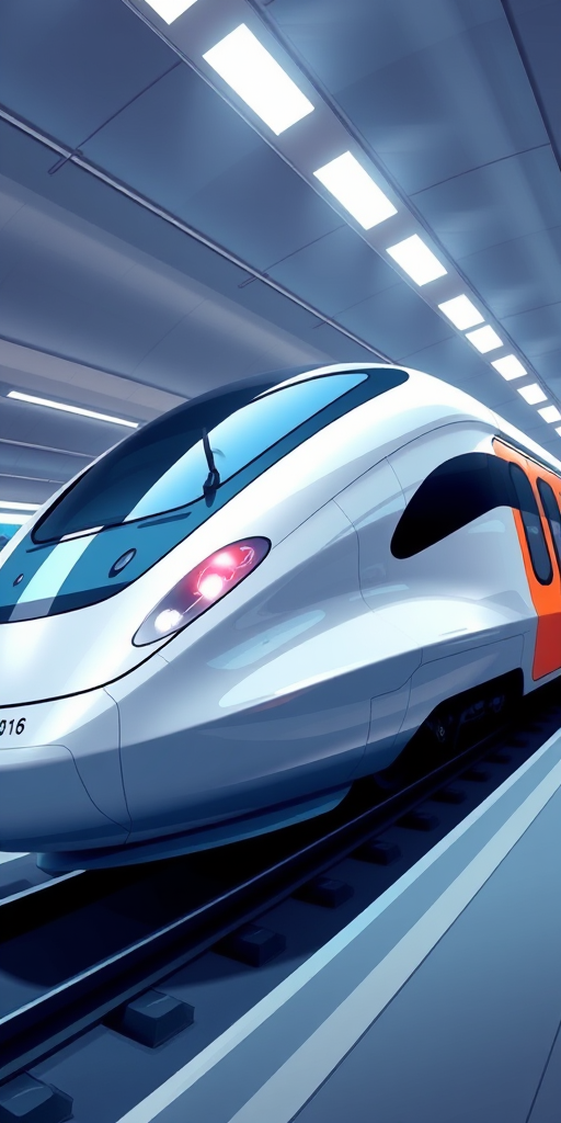 Create a high-resolution illustration of a sleek, futuristic train design, captured from a low-angle view with a wide aperture, using a digital camera style resembling a 35mm DSLR, focus on smooth curves and aerodynamic features, ensuring a bright and clean background for contrast.