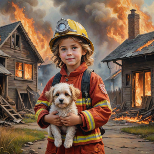 airbrushed oil painting, pixar style, cute little girl in fireman gear, helmet, tousled hair, expressive eyes, standing in the doorstep of a cottage burning behind him, holding a cute little dog in her arm, atumn sky