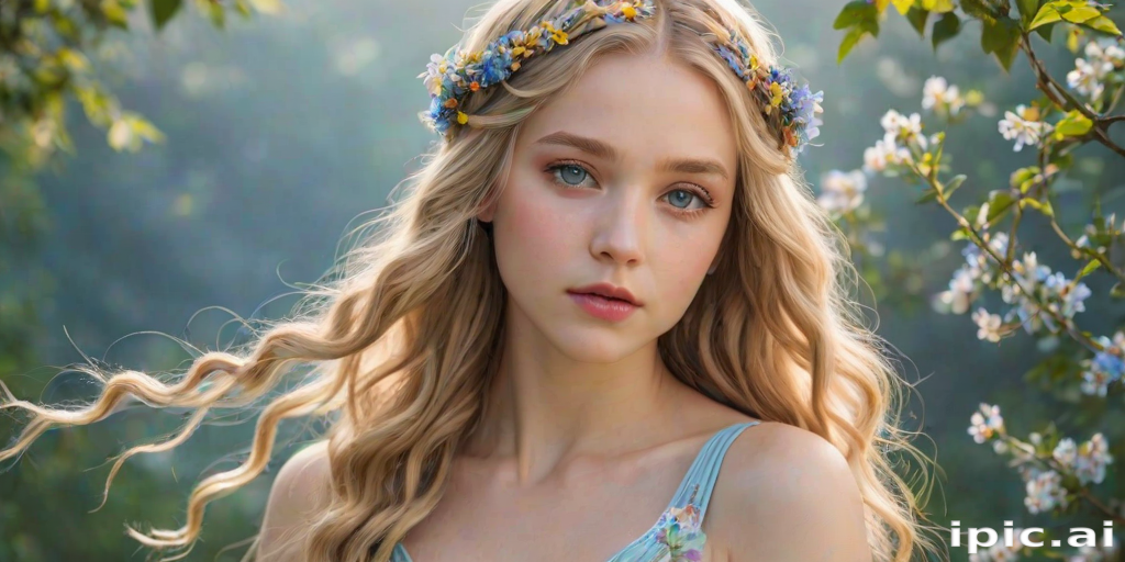 Create an image of a young woman with long, wavy blonde hair, adorned with small, colorful flowers woven into her braids and loose strands. Her complexion is fair, with soft, glowing skin, and she has light blue eyes that gaze softly at the viewer. She wears a light, flowing dress with a gentle, ethereal quality, complementing her delicate and serene appearance. The background is slightly blurred, drawing focus to her tranquil expression and the intricate details of the flowers in her hair. The overall mood of the image is one of natural beauty and grace, evoking a sense of peacefulness and connection with nature.
