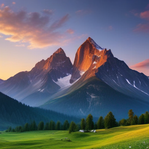 Majestic Mountain Peaks Bathed in Golden Sunset Light Over Serene Valley.