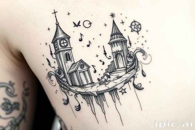 Sketch-style tattoo called "Artistic Reverie" resembling a loose, hand-drawn illustration with expressive line work and crosshatching, incorporating elements of surrealism and whimsical imagery in black and gray tones