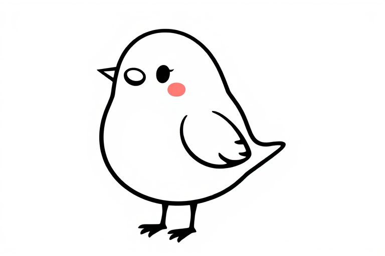 Cute cartoon bird with a round body and small feet, simplistic black outline, cheerful expression, standing on a textured white background.