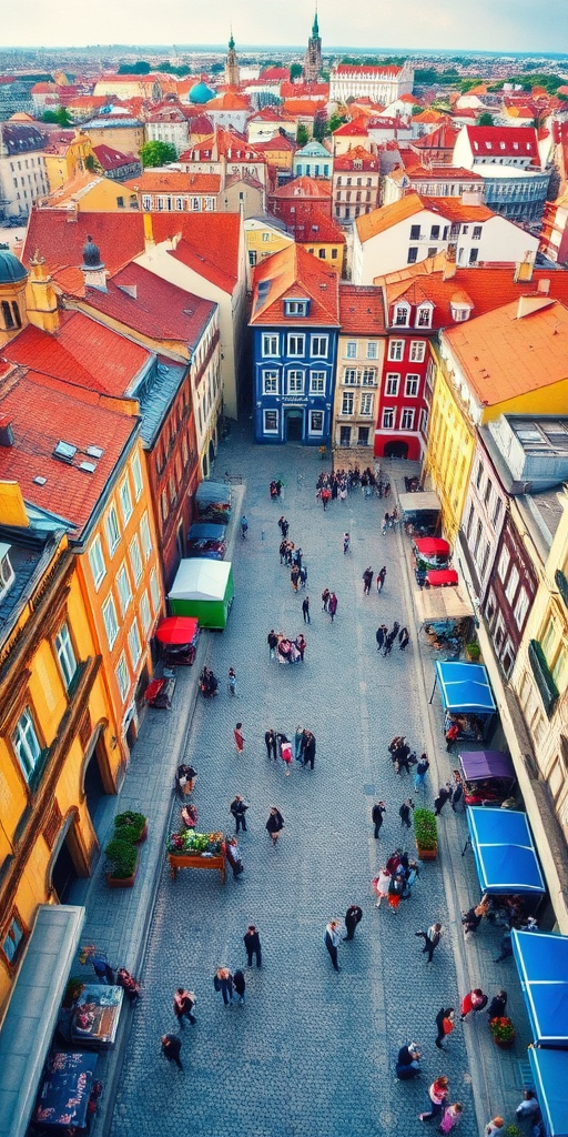 high-resolution aerial view of a vibrant city square with colorful buildings, bustling people, and cobblestone streets, using a DSLR camera at f/8 aperture, ISO 200, 24mm lens, captured in vivid watercolor style with enhanced saturation and contrast for a lively artistic effect