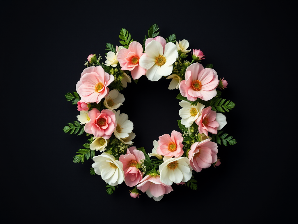 Create a circular floral wreath design with pink, white, and green flowers on a black background, captured with a DSLR camera at f/2.8 aperture, 50mm lens, and ISO 100 for high detail and vibrant colors, using a soft focus style for an elegant look.