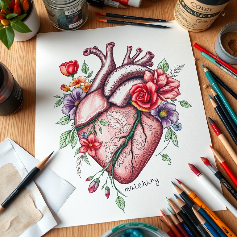 Create a high-resolution illustration of a detailed anatomical heart intertwined with vibrant flowers and intricate designs, using a DSLR camera with a 50mm lens, aperture set to f/2.8 for a shallow depth of field, soft natural lighting to highlight colors, and a slight overhead perspective to capture the artwork surrounded by art supplies on a wooden table.