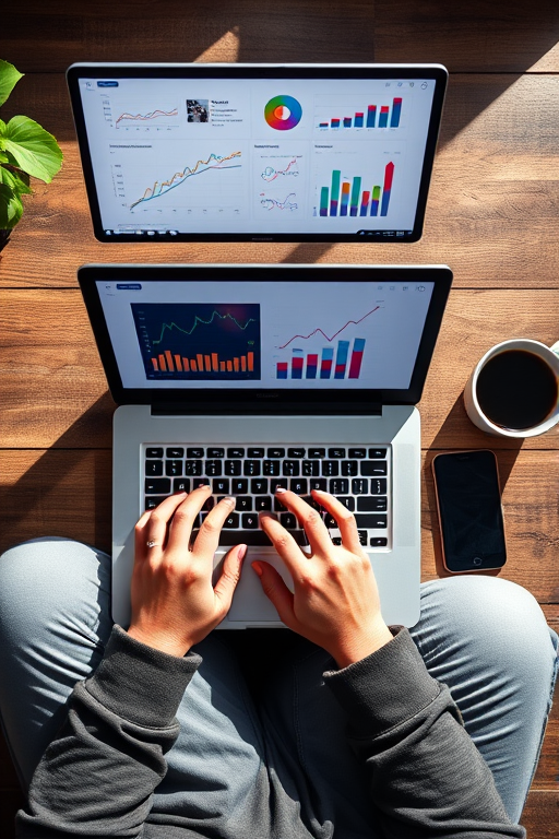 Create an overhead view of a person typing on a laptop with colorful graphs on the screen, a coffee cup beside it, high resolution, f/2.8, ISO 100, 1/60s, taken with a DSLR camera in bright daylight.