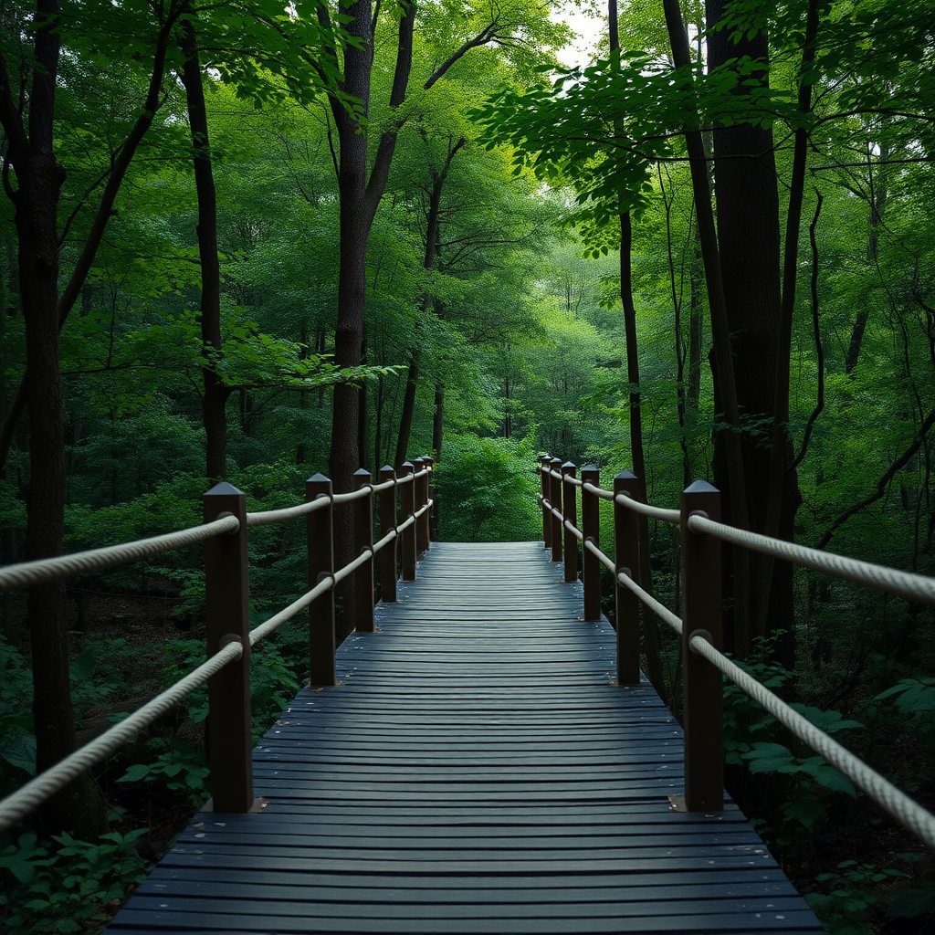 A wooden bridge with a rope railing leading into a lush green forest, captured with a Canon EOS R5, 50mm lens, f/2.8 aperture, ISO 100, in soft natural light, with a slightly elevated perspective to enhance depth.