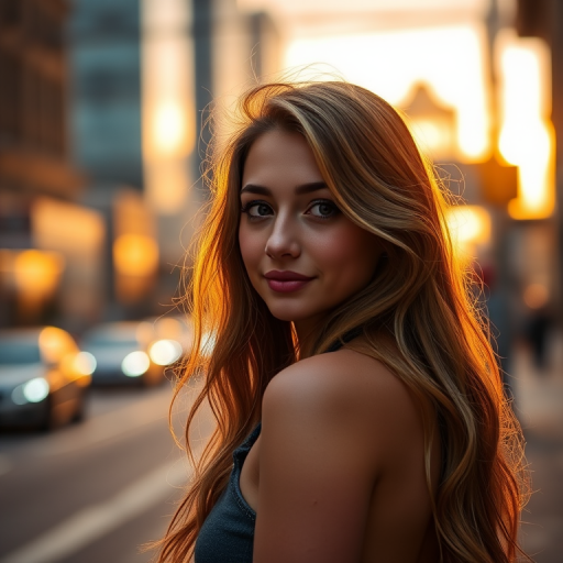 A portrait of a young woman with long, wavy hair standing on a city street at golden hour, shallow depth of field, soft bokeh in the background, taken with a 50mm lens at f/1.8, ISO 100, and shutter speed 1/200 sec, using a Canon EOS 5D Mark IV.