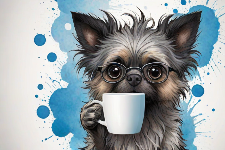 A quirky, artistic illustration of a disheveled poogle dog breed with exaggerated, large eyes and spiky fur, holding a coffee mug that reads "Good Morning". The dog has a tired but humorous expression, with ink splatters and abstract details surrounding it, giving a whimsical feel to the image. The color palette is mostly monochrome with hints of blue in the eyes and steam rising from the mug, enhancing the overall sleepy vibe