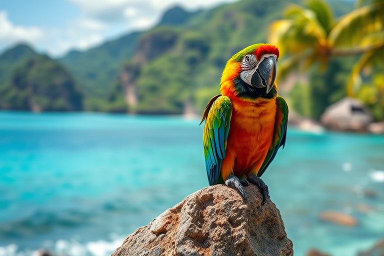 A vibrant macaw perched on a rock with a tropical background of blue ocean and lush green mountains, sharp focus, natural lighting, 50mm lens, f/1.8 aperture, ISO 100, shot from eye level, using a DSLR camera.
