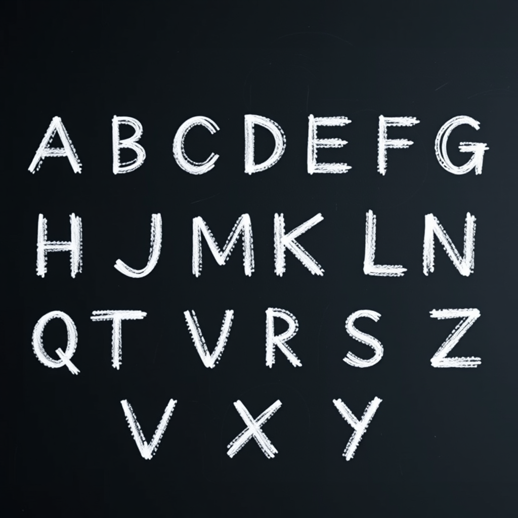 Create an image of the alphabet in uppercase letters, chalk-style font on a black chalkboard background, using a Canon EOS 5D Mark IV with a 50mm f/1.8 lens, aperture f/2.8, ISO 200, and a shallow depth of field to enhance the texture of the chalkboard.