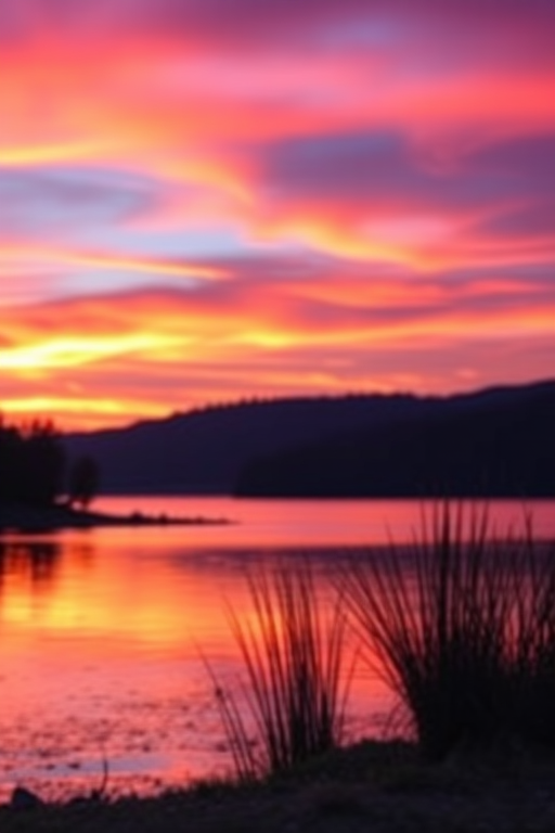 Create a high-resolution image of a tranquil sunset over a lake, with vibrant colors reflecting on the water, using a DSLR camera with a 35mm lens, aperture set to f/8, ISO 200, and a shutter speed of 1/250 seconds, shot from a low angle to capture the foreground details.