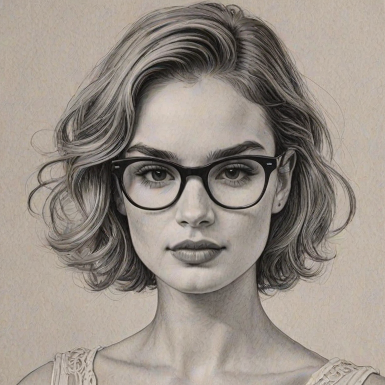 Gorgeous Lily James, pencil sketch, portrait of Resplendent woman 1961s in glasses, hair style beatnik, outline, clear lines, fine lines, 8k