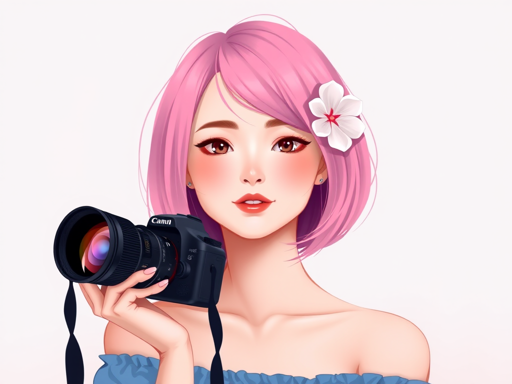 Create a digital illustration of a woman with pink hair styled in a bob and a flower accessory, wearing an off-the-shoulder blue top, against a soft gradient background, using a DSLR camera with a 50mm lens, f/2.8 aperture, ISO 100, and soft focus for a smooth appearance.