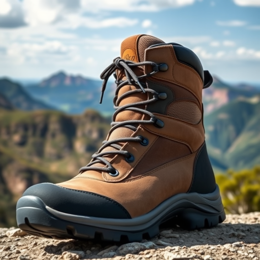 Create an image of a hiking boot with a scenic landscape featuring rugged mountains and valleys as the background, using a DSLR camera at f/8 aperture, ISO 200, 50mm lens, shot from a 45-degree angle to emphasize the boot's details and textures, with high dynamic range for enhanced color and clarity.