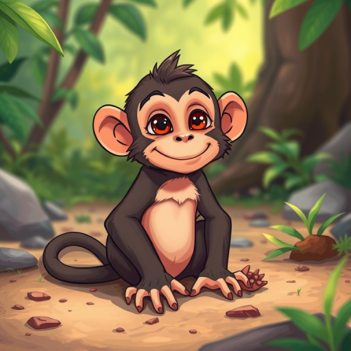 Create a cartoon-style illustration of a curious monkey sitting on the ground in a natural setting, using vibrant colors, high resolution, with a soft focus background, captured with a digital camera at f/8 aperture, 1/200s shutter speed, and ISO 100 for enhanced image quality.