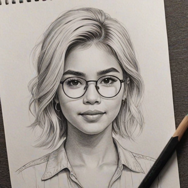 Stunning Hayley Kiyoko, pencil sketch, portrait of Splendid woman 1935s in glasses, hair style beatnik, outline, clear lines, fine lines, 8k