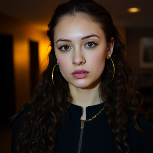 A young woman with long, curly brown hair is looking directly at the viewer. She is wearing a black top with a zipper down the front. The setting is a dimly lit interior space, with a warm, golden light emanating from the background. Her expression is neutral, with a hint of seriousness. The image is a close-up portrait with a shallow depth of field, focusing on the woman's face and torso. The background is blurred, creating a soft and intimate atmosphere.  She is wearing large gold hoop earrings, and a small gold chain is visible around her neck.  Her makeup is natural and simple, highlighting her brown eyes. The lighting creates subtle shadows that accentuate her features.  Her skin is smooth and glows in the soft light. The composition is balanced, with the woman's face positioned in the center of the frame.  The image is focused on capturing her beauty and confidence.