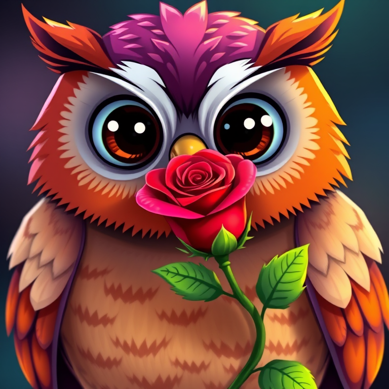 Cartoon owl holding a red rose in its beak, bright colors, high contrast, close-up view, soft focus, ISO 100, f/2.8, 50mm lens, digital art style