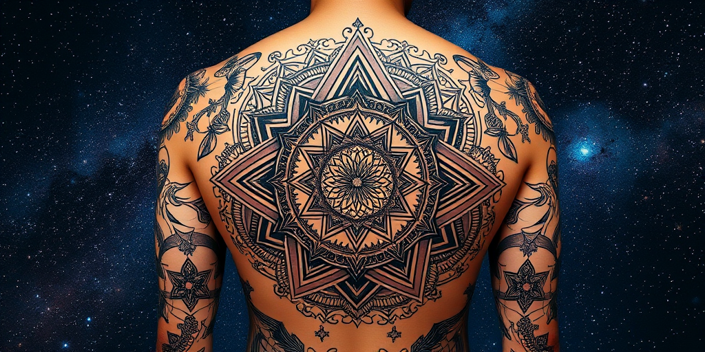 Cosmic sacred geometry tattoo incorporating intricate mandalas and fractal patterns, blending seamlessly with a starry night sky backdrop for a mesmerizing full-back masterpiece