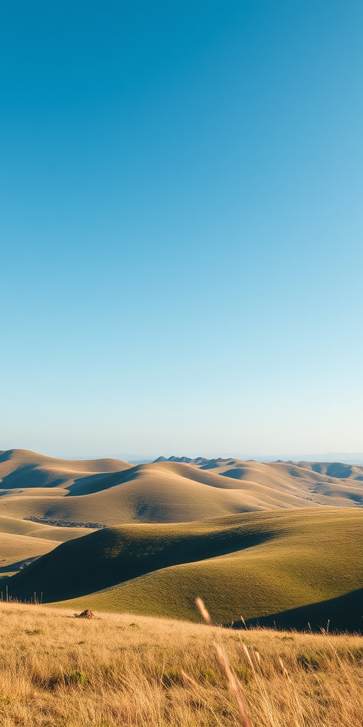 Create a high-resolution image of a tranquil landscape with a clear blue sky and softly rolling hills, 50mm lens, f/4 aperture, ISO 100, captured in natural light using a DSLR camera with a wide-angle view.