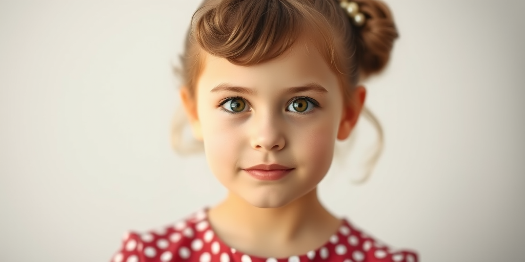 Create a portrait of a girl with a vintage hairstyle and polka dot dress, using a Canon EOS R5 with a 50mm f/1.2 lens, aperture set to f/2.8, ISO 100, natural light, and a shallow depth of field to enhance detail and soften the background.