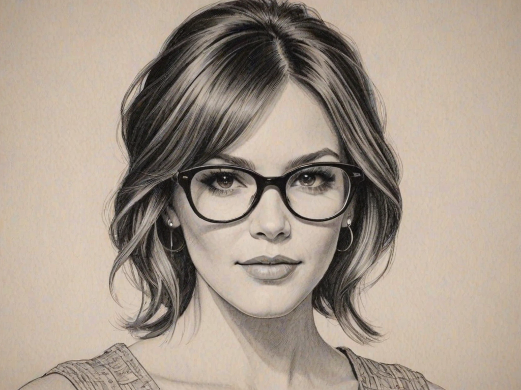 Dazzling Katherine McPhee, pencil sketch, portrait of Fascinating woman 1964s in glasses, hair style beatnik, outline, clear lines, fine lines, 8k