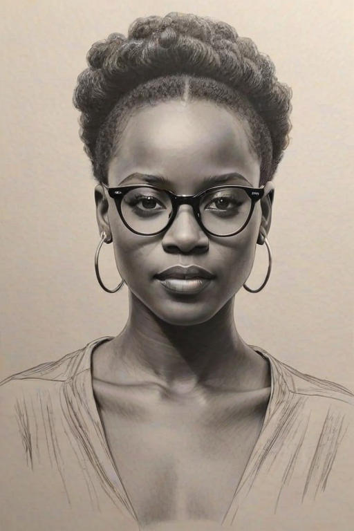 Wonderful Lupita Nyong'o, pencil sketch, portrait of Stunning woman 1921s in glasses, hair style beatnik, outline, clear lines, fine lines, 8k