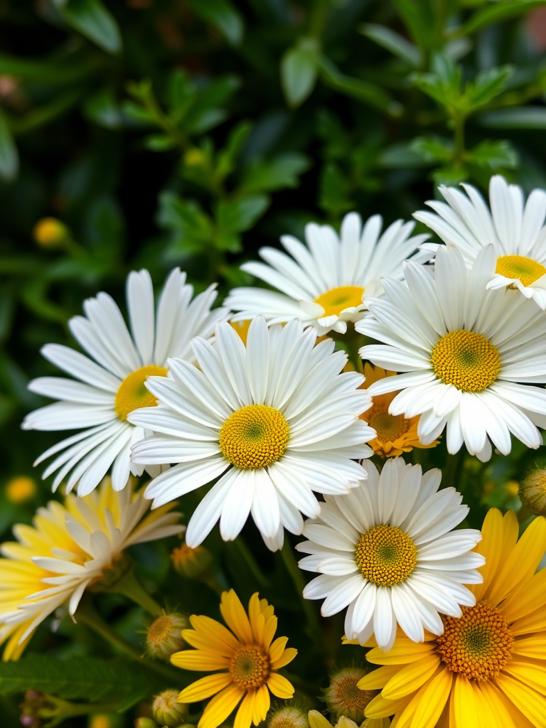 Create an image of a vibrant floral arrangement featuring white daisies and yellow flowers, with a background of lush green foliage, captured in macro photography using a Canon EOS R5, 50mm lens, f/2.8 aperture, ISO 100, soft natural lighting for enhanced detail and color vibrancy.