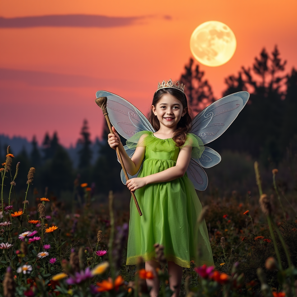 A vivid photo  taken under a bright camera flash of a fantastical scene set against a backdrop of a forest during sunset. The main subject is a girl dressed as a fairy, adorned with translucent wings and a green dress, holding a wand, her face is happy, and she wears a crown on her head. The forest behind her is a blend of flowers, shrubs and trees. The sky is painted in hues of orange and pink, with a large, glowing moon casting a warm glow over the scene. The overall color palette is dominated by earthy tones.