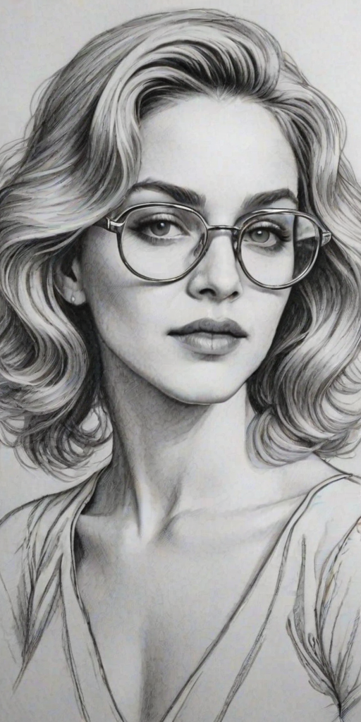 Splendid Madonna, pencil sketch, portrait of Enchanting woman 1970s in glasses, hair style beatnik, outline, clear lines, fine lines, 8k