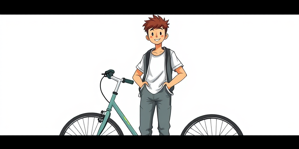 Create an illustration of a young person standing next to a bicycle, smiling, wearing casual clothes, with a neutral background, using a digital drawing style, shot with a Canon EOS R5 at 50mm, f/2.8, ISO 100, and natural lighting for enhanced quality.