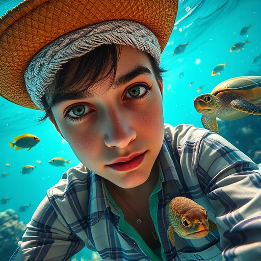 Realistic selfie image of a Turkish, wearing a vintage outfit, detailed dreamy eyes, droopy hooded eyes, staring at the camera, taken underwater at coral reef with a sunbeam filtering through the water, vibrant, summer vacation, natural lighting, turtle and school of tropical fish with vibrant colors, rendered in the style of CryEngine, Pegi Nicol MacLeod, with realistic genre scenes, hauntingly beautiful narratives, ultra-realism, and Thomas Saliot's close-up technique, 8K resolution, crystal clear and sparkling water.