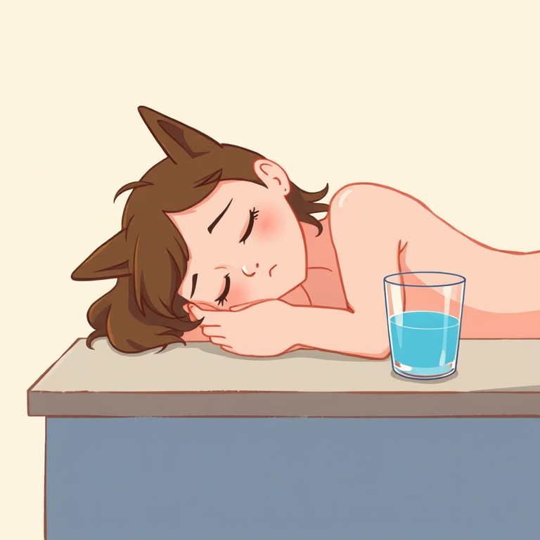Create an illustration of a person with cat ears sleeping on a table with a glass of blue water beside them, in a minimalistic style, shot with a Canon EOS R5 at f/2.8, ISO 100, 35mm focal length, natural lighting to enhance color saturation and detail.