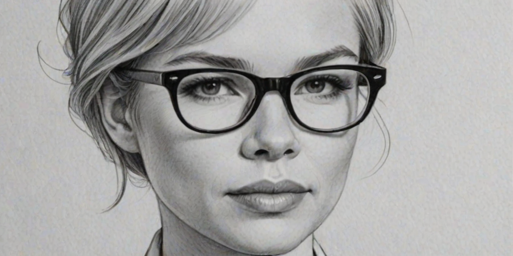 Charming Michelle Williams, pencil sketch, portrait of Fetching woman 1961s in glasses, hair style beatnik, outline, clear lines, fine lines, 8k