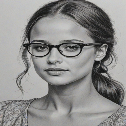 Gorgeous Alicia Vikander, pencil sketch, portrait of Bewitching woman 1962s in glasses, hair style beatnik, outline, clear lines, fine lines, 8k