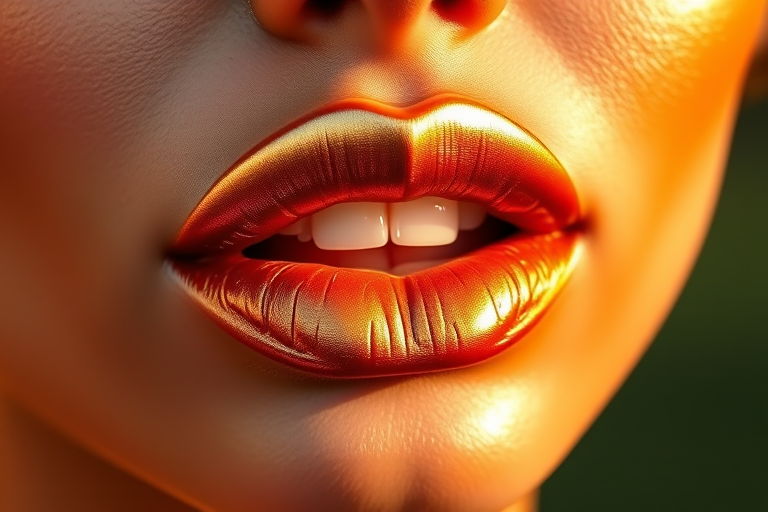 Metallic bronze lips gleam with sun-kissed radiance in the "Golden Hour Glow" look, featuring a warm, shimmering finish that captures the essence of late afternoon sunlight, creating a luxurious and flattering lip color that complements a wide range of skin tones and adds a touch of glamour to any makeup look