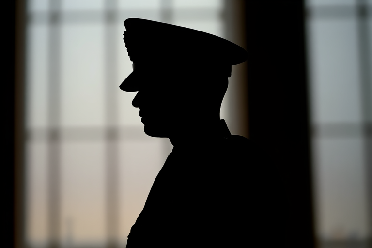 Create a silhouette of a standing officer in formal uniform with a military cap, using a Canon EOS R5 camera with a 50mm f/1.8 lens, aperture set to f/2.8, ISO 100, a low-angle view, and a soft focus background for enhanced depth.