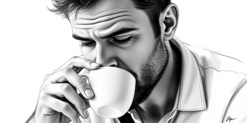 Create a high-contrast black and white sketch of a man sipping from a cup, captured with a 50mm lens at f/2.8, ISO 100, in a soft focus style to enhance details and depth, using a DSLR camera.