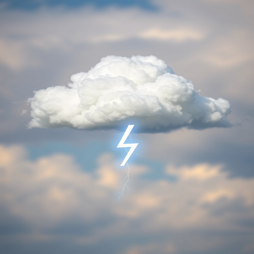 Create a high-quality image of a stylized cloud with a lightning bolt underneath it, using a Canon EOS R5 camera, 50mm lens, f/2.8 aperture, ISO 100, with a soft focus background and vibrant colors, shot in natural light.