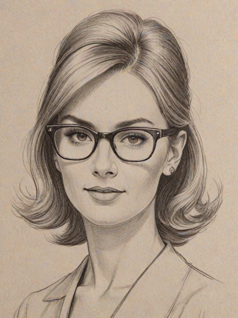 Radiant Maroon 5, pencil sketch, portrait of Fetching woman 1950s in glasses, hair style beatnik, outline, clear lines, fine lines, 8k