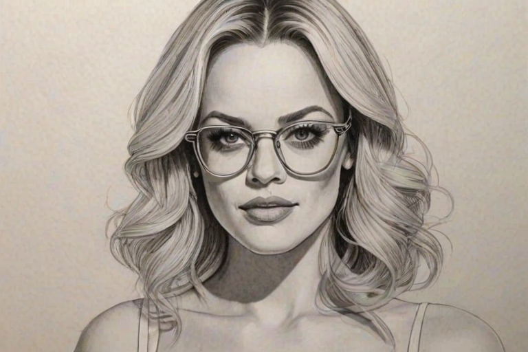 Gorgeous Peta Murgatroyd, pencil sketch, portrait of Exquisite woman 1973s in glasses, hair style beatnik, outline, clear lines, fine lines, 8k