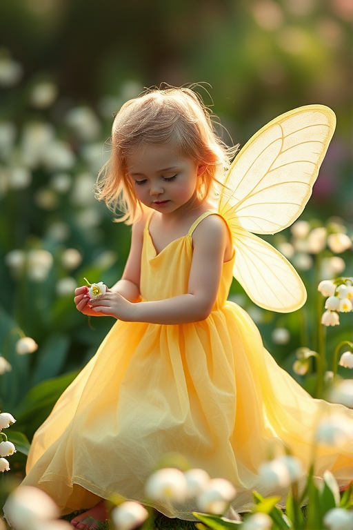 Create an ethereal illustration of a young fairy girl with delicate wings dressed in a flowing yellow dress, playing with lily of the valley flowers in a whimsical garden setting, captured in soft focus with a Canon EOS 5D Mark IV, 50mm f/1.8 lens, aperture set to f/2.8, natural light, and a pastel color palette for a dreamy effect.