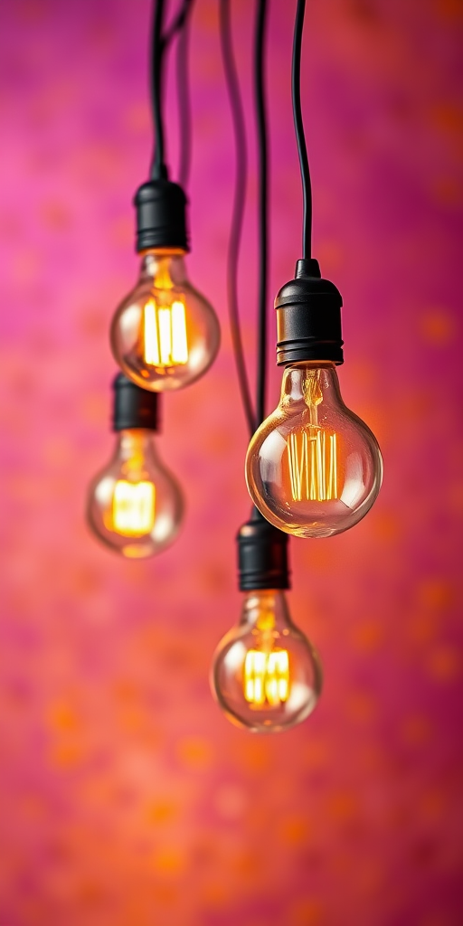 Create an image of hanging light bulbs on a vibrant, textured background blending purple and orange hues, shot with a Canon EOS R5 at f/2.8, 50mm lens, ISO 200, and a soft focus style to enhance the ethereal glow of the bulbs.