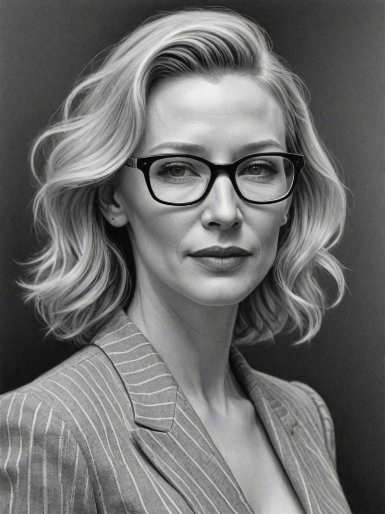 Stunning Cate Blanchett, pencil sketch, portrait of Fascinating woman 1941s in glasses, hair style beatnik, outline, clear lines, fine lines, 8k