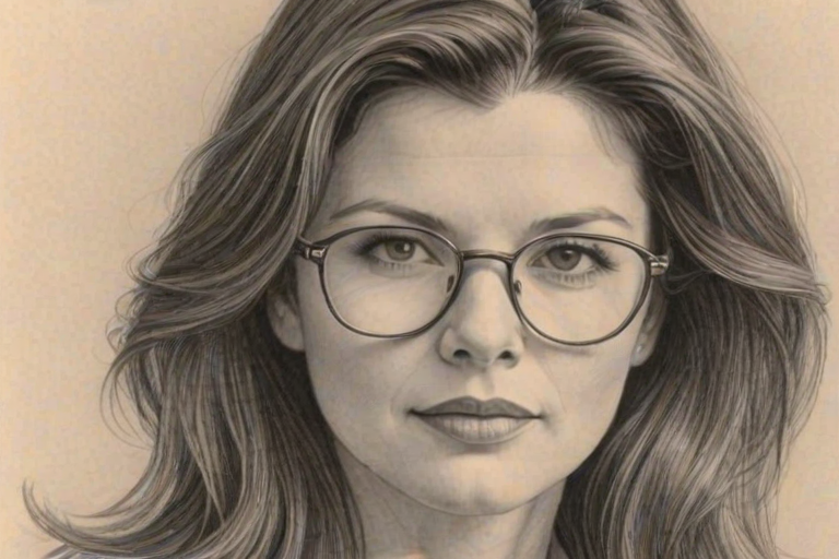 Enchanting Daphne Zuniga, pencil sketch, portrait of Stunning woman 1971s in glasses, hair style beatnik, outline, clear lines, fine lines, 8k