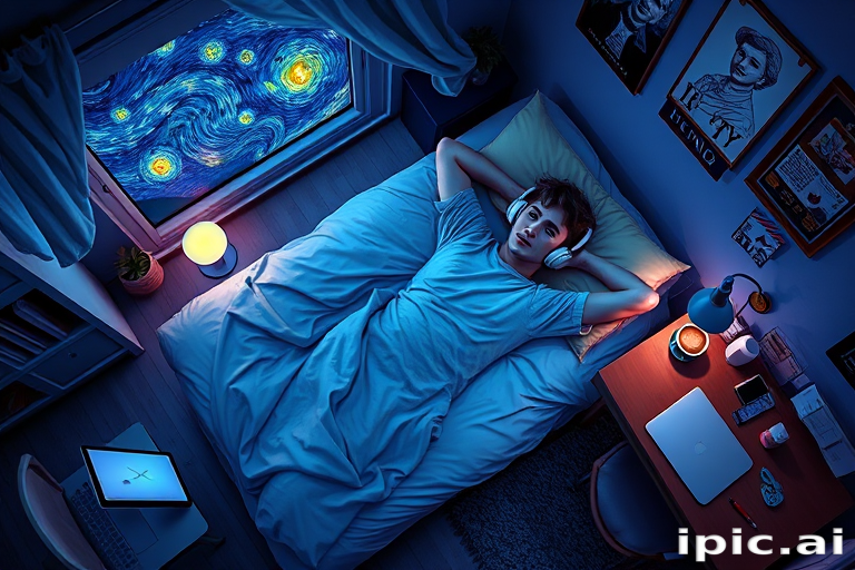 A top-down Van Gogh-style painting of a young man lying on his bed, listening to music with headphones. The room is softly lit with deep blues and purples, creating a peaceful nighttime atmosphere. The bed has a soft pillow, and the man's arms are resting behind his head. Around the bed, various glowing gadgets such as a smartphone, a laptop, and a small lamp are visible, casting a gentle light. The rest of the bedroom includes a desk with books, a chair, and a small rug on the floor. A window near the bed reveals a starry night sky with swirling stars, reminiscent of Van Gogh's 'Starry Night.' On the desk, there is a sketchbook with colorful drawings, a cup of coffee steaming gently, and a small potted plant. The walls have posters of famous paintings and a corkboard with pinned notes and photos. The scene is full of dynamic, swirling brushstrokes, capturing the essence of Van Gogh's unique style. The overall mood is serene and contemplative, with a touch of artistic inspiration.