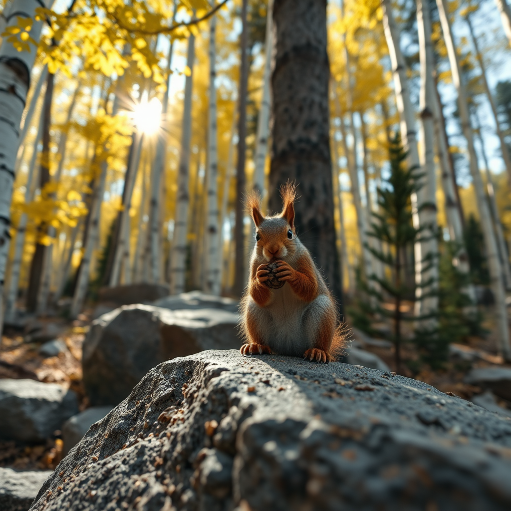 HD 8k close up of aspen trees , make the leaves have a bright but deep glowing effect, add black lines to highlight and detail the bark and leaves. The sun shines through a portion. Add some rock formations scattered throughout the forest area.  Place a squirrel close up on the rock formation. The view is eye level with the squirrel. The squirrel is cute and plump while he is trying to open a pine cone. Add a few dark green pine trees randomly.