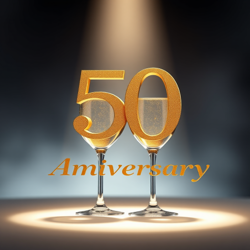 Create a 3D render of "50 Anniversary" in gold with champagne glasses, using a Canon EOS R5 camera, 35mm lens, f/1.8 aperture, ISO 100, 1/60s shutter speed, with a dramatic spotlight effect and a softly blurred background to enhance image quality.